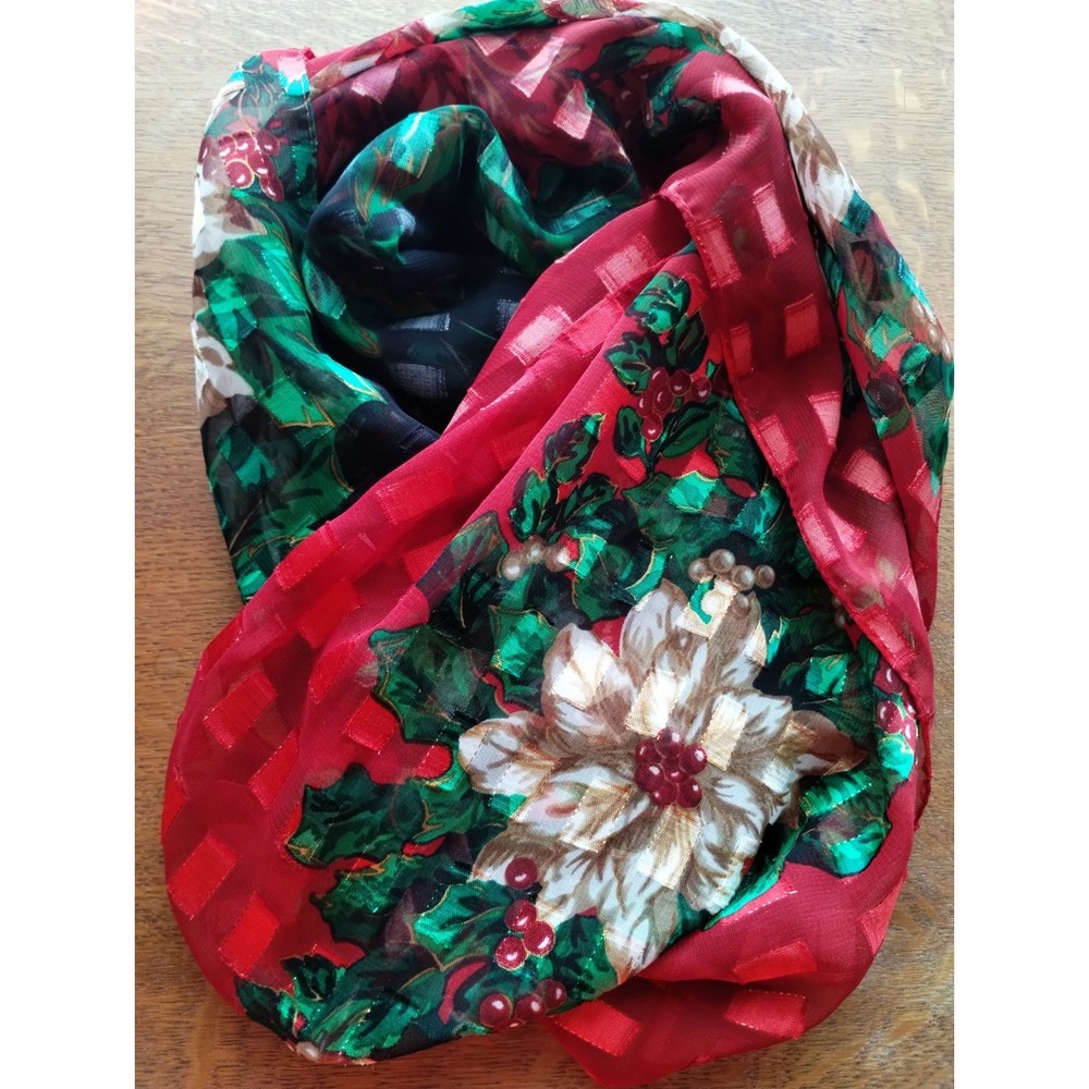 Women's Sheer Checkered Poinsettia Floral Christmas Scarf 12.5" X 58" Nice - Picture 8 of 8